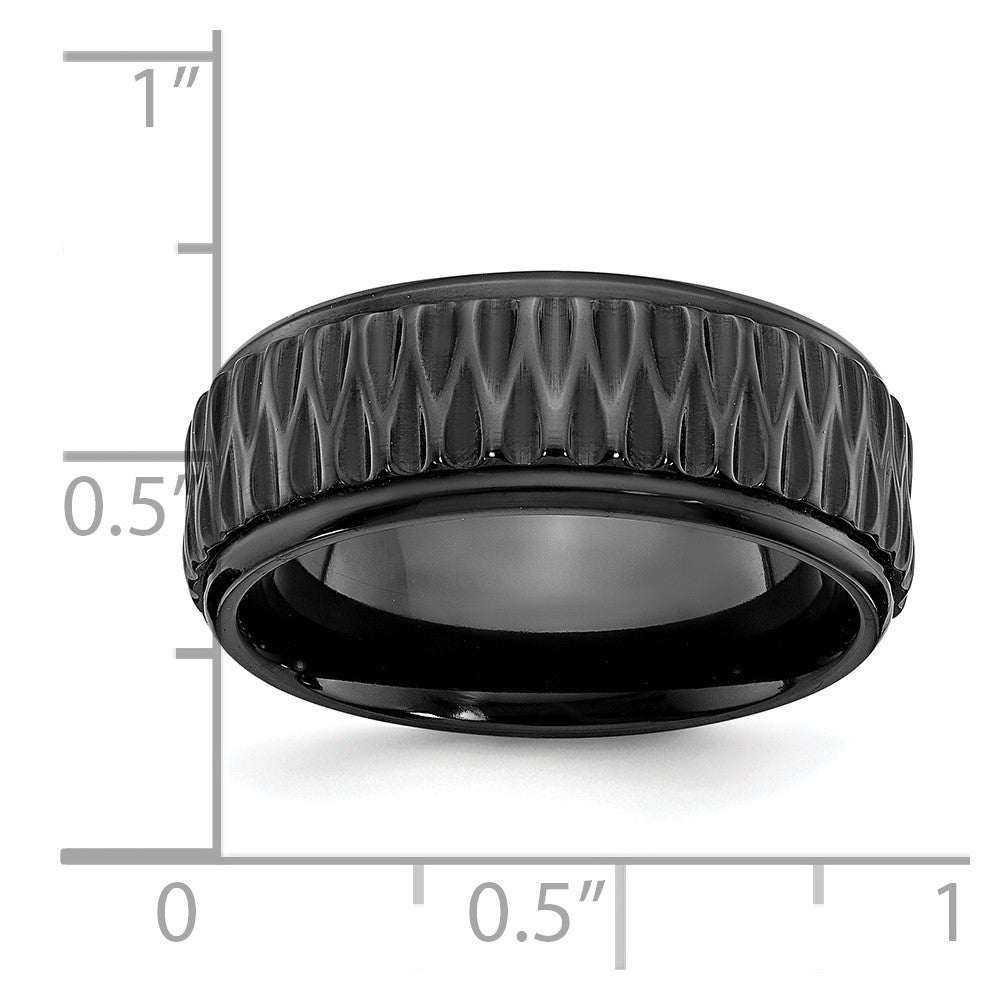 Alternate view of the 8mm Black Zirconium Grooved & Ridged Edge Standard Fit Band by The Black Bow Jewelry Co.