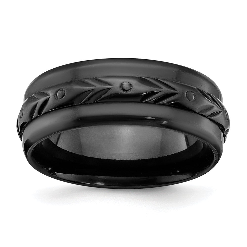 8mm Black Zirconium Polished Carved Standard Fit Band, Item R11789 by The Black Bow Jewelry Co.