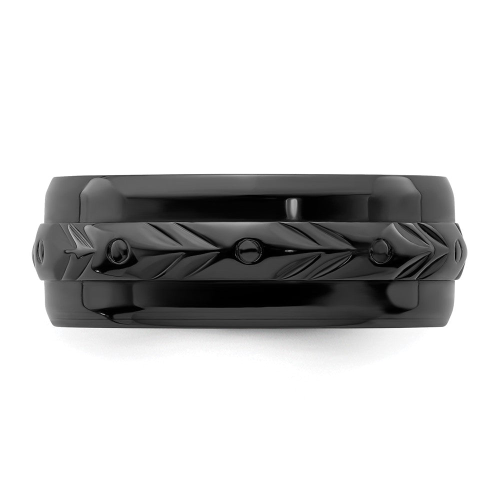 Alternate view of the 8mm Black Zirconium Polished Carved Standard Fit Band by The Black Bow Jewelry Co.
