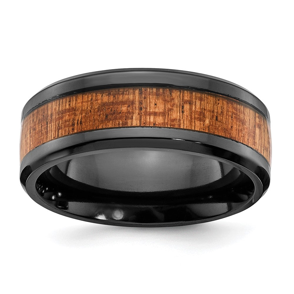 8mm Black Zirconium &amp; Sapele Wood Inlay Standard Fit Band, Item R11791 by The Black Bow Jewelry Co.