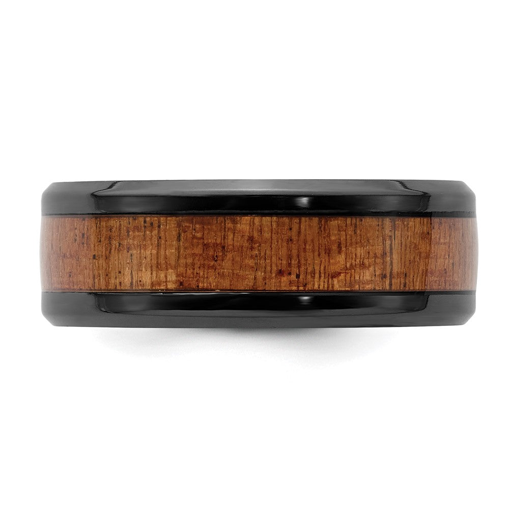 Alternate view of the 8mm Black Zirconium &amp; Sapele Wood Inlay Standard Fit Band by The Black Bow Jewelry Co.