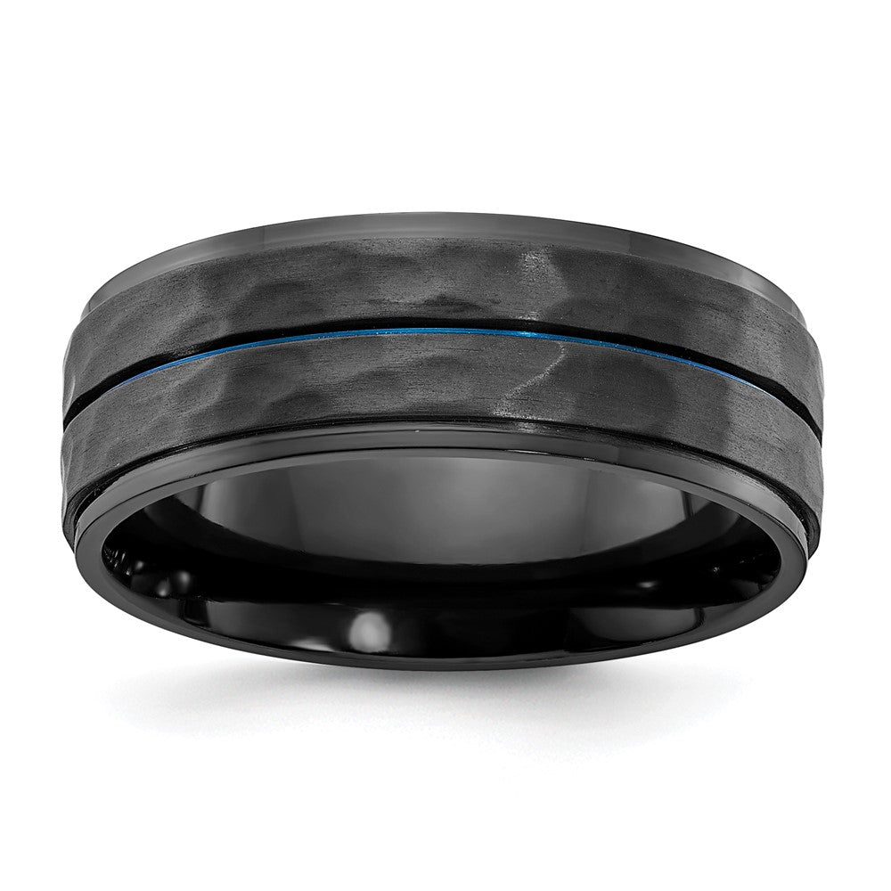8mm Black Zirconium &amp; Blue Plated Brushed &amp; Hammered Band, Item R11795 by The Black Bow Jewelry Co.