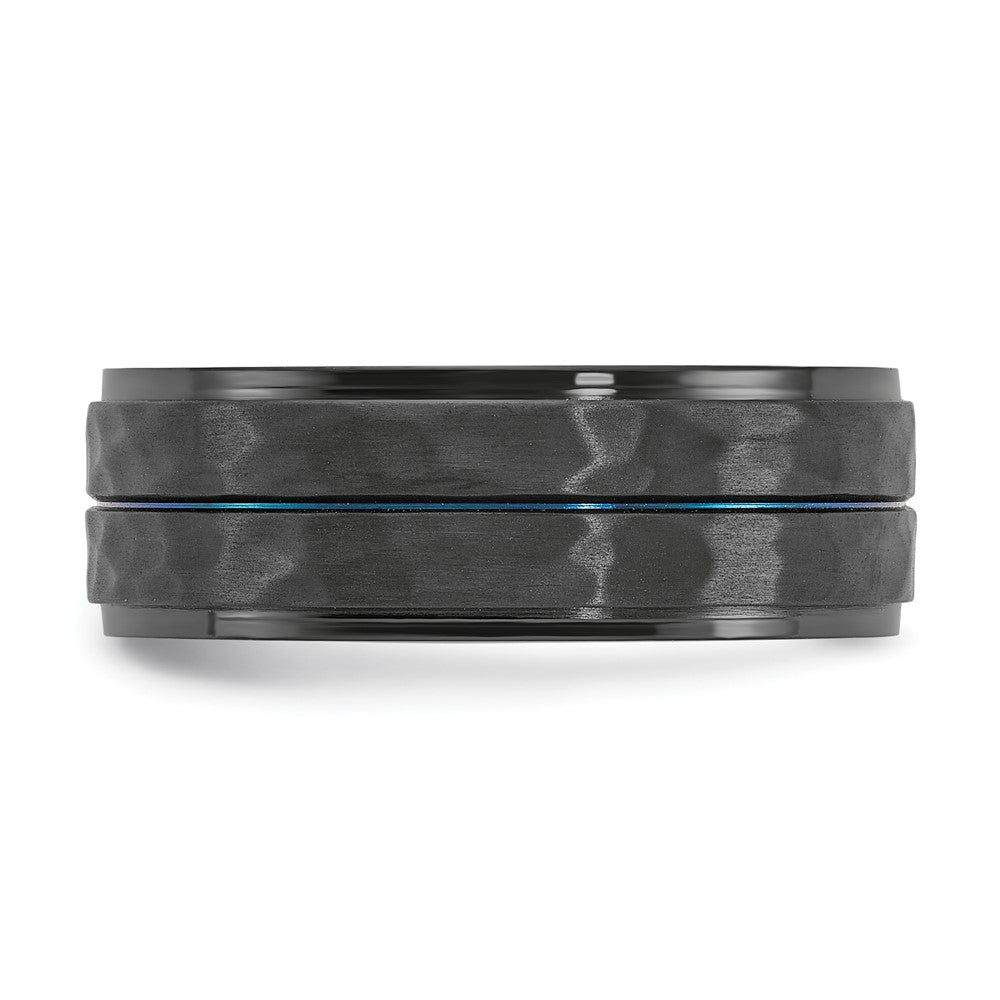 Alternate view of the 8mm Black Zirconium &amp; Blue Plated Brushed &amp; Hammered Band by The Black Bow Jewelry Co.