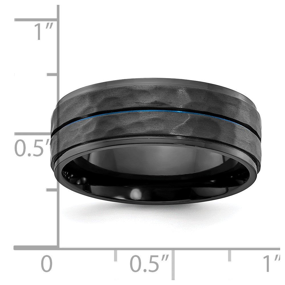Alternate view of the 8mm Black Zirconium &amp; Blue Plated Brushed &amp; Hammered Band by The Black Bow Jewelry Co.