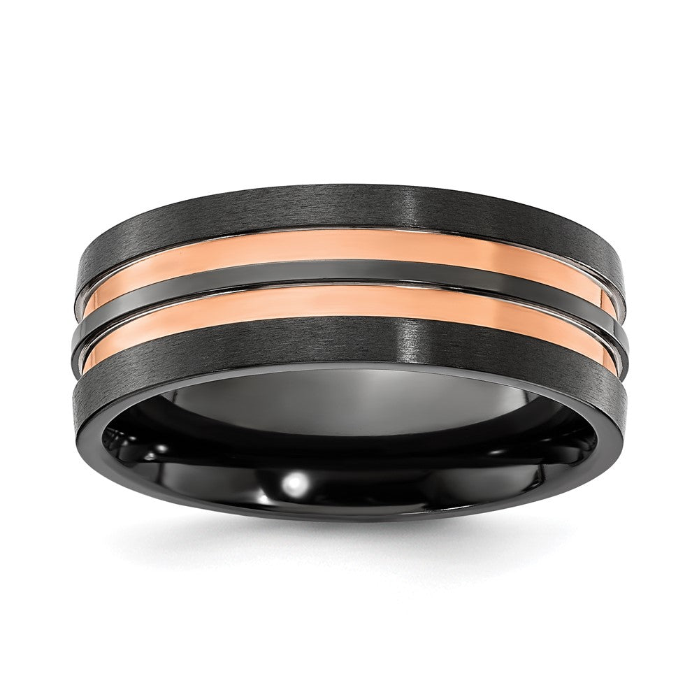 8mm Black Zirconium &amp; Rose Tone Grooved Standard Fit Band, Item R11796 by The Black Bow Jewelry Co.