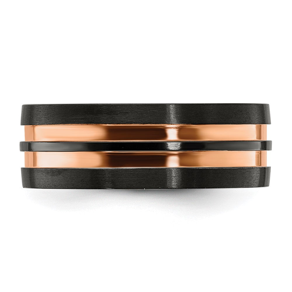Alternate view of the 8mm Black Zirconium &amp; Rose Tone Grooved Standard Fit Band by The Black Bow Jewelry Co.