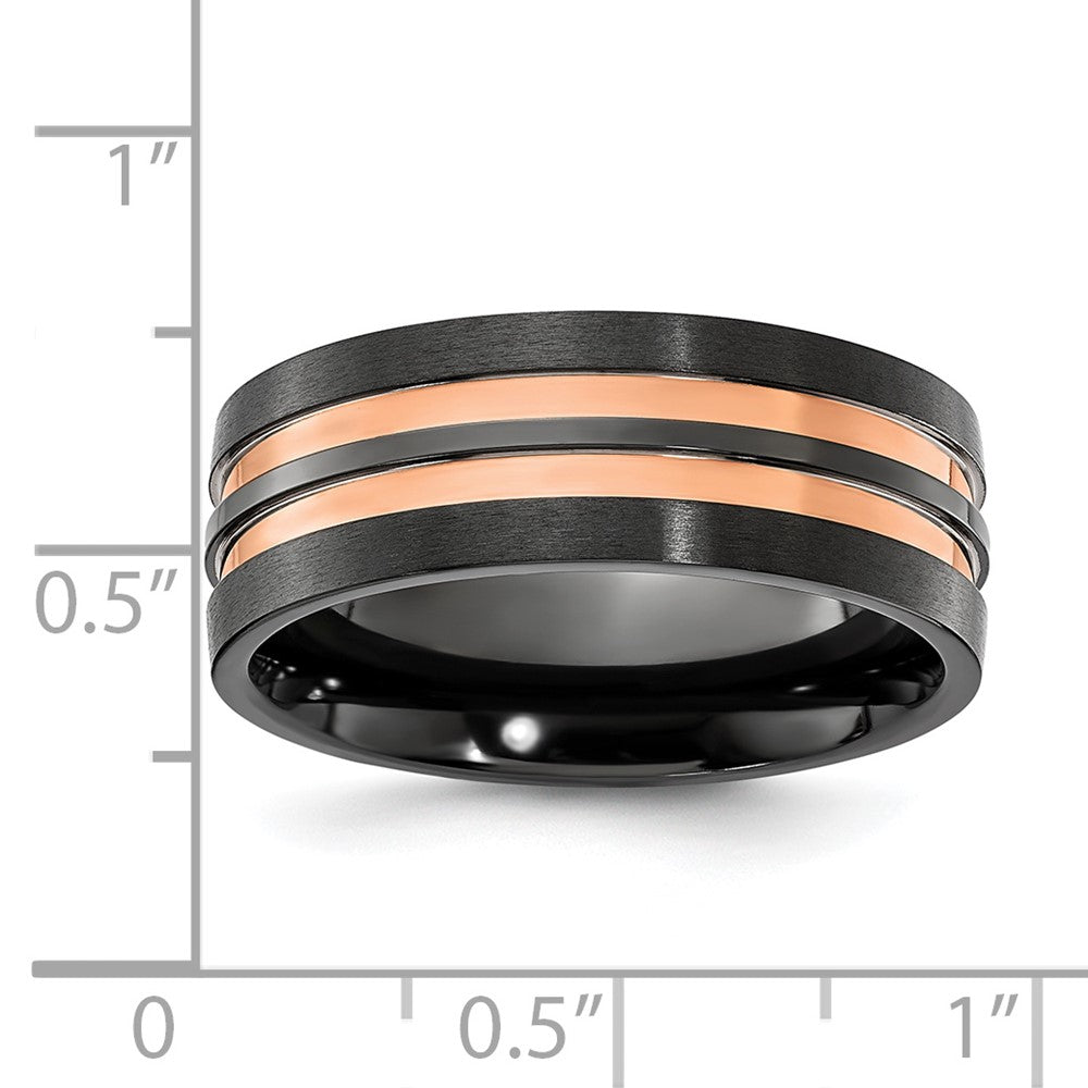 Alternate view of the 8mm Black Zirconium &amp; Rose Tone Grooved Standard Fit Band by The Black Bow Jewelry Co.