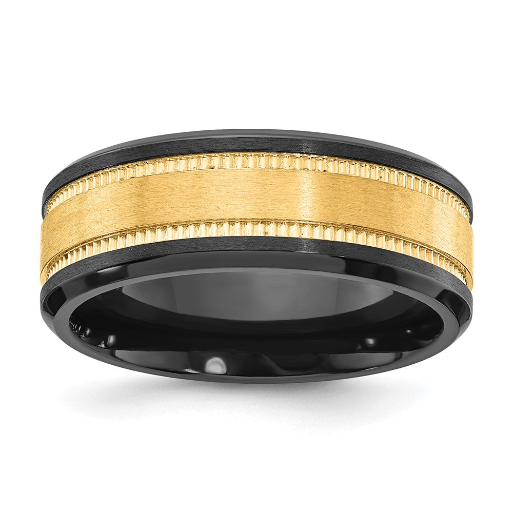 8mm Black Zirconium &amp; Yellow Gold Tone Grooved Standard Fit Band, Item R11797 by The Black Bow Jewelry Co.