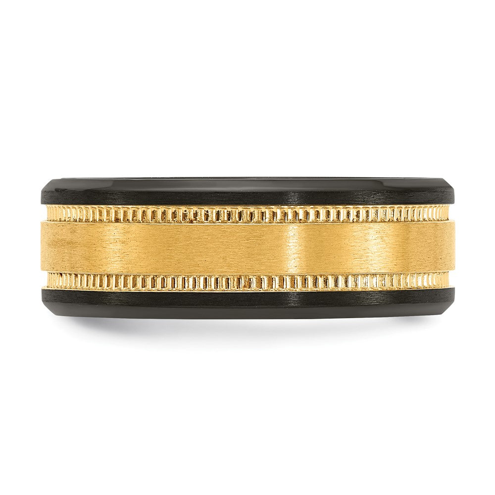 Alternate view of the 8mm Black Zirconium &amp; Yellow Gold Tone Grooved Standard Fit Band by The Black Bow Jewelry Co.