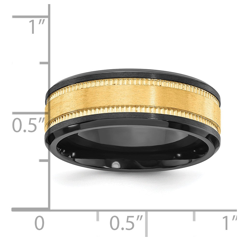 Alternate view of the 8mm Black Zirconium &amp; Yellow Gold Tone Grooved Standard Fit Band by The Black Bow Jewelry Co.