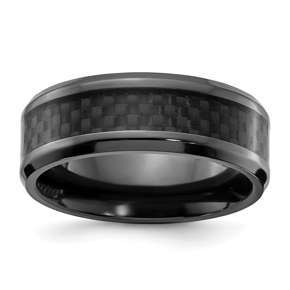 8mm Black Zirconium &amp; Black Carbon Fiber Beveled Standard Fit Band, Item R11798 by The Black Bow Jewelry Co.
