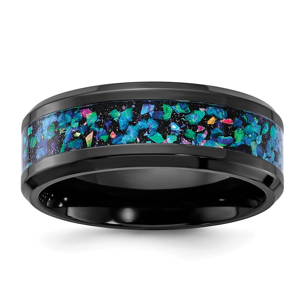 8mm Black Zirconium Multi-Color Imitation Opal Inlay Standard Fit Band, Item R11799 by The Black Bow Jewelry Co.