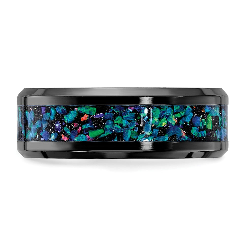 Alternate view of the 8mm Black Zirconium Multi-Color Imitation Opal Inlay Standard Fit Band by The Black Bow Jewelry Co.
