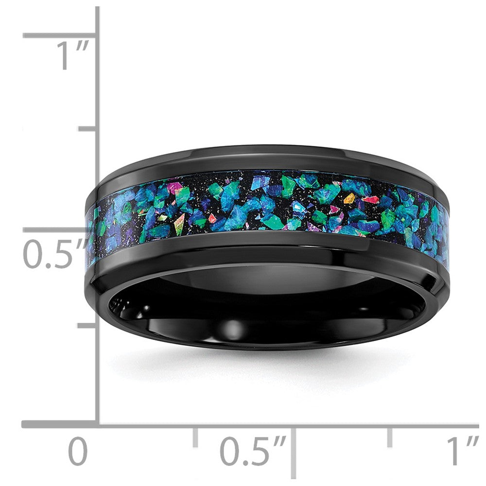 Alternate view of the 8mm Black Zirconium Multi-Color Imitation Opal Inlay Standard Fit Band by The Black Bow Jewelry Co.