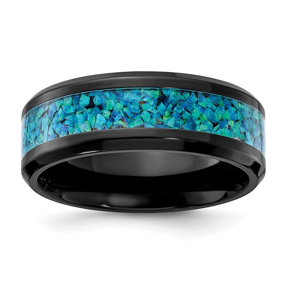8mm Black Zirconium Blue Imitation Opal Inlay Standard Fit Band, Item R11800 by The Black Bow Jewelry Co.
