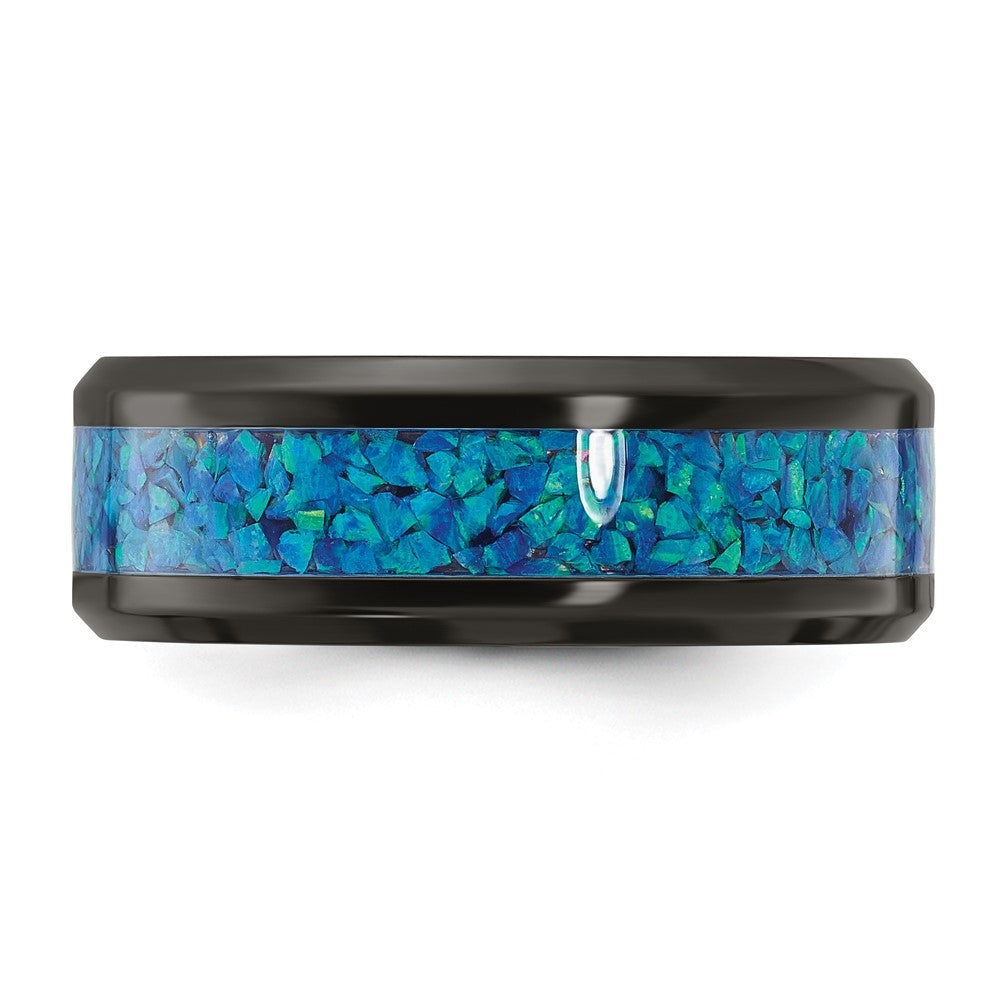 Alternate view of the 8mm Black Zirconium Blue Imitation Opal Inlay Standard Fit Band by The Black Bow Jewelry Co.