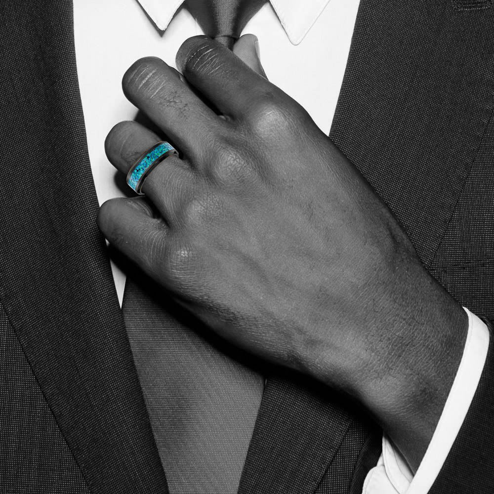 Alternate view of the 8mm Black Zirconium Blue Imitation Opal Inlay Standard Fit Band by The Black Bow Jewelry Co.