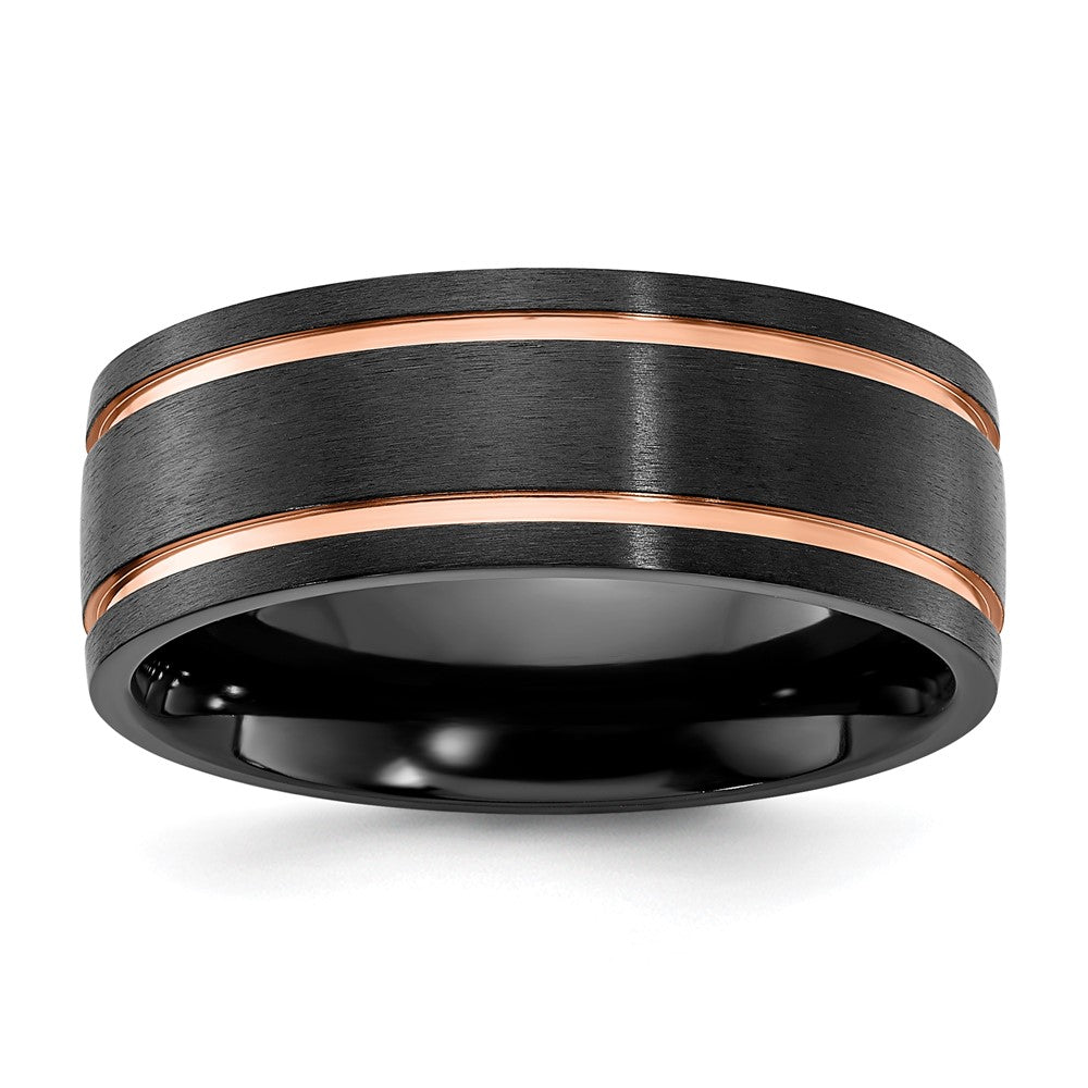 8mm Black Zirconium &amp; Rose Tone Plated Grooved Standard Fit Band, Item R11801 by The Black Bow Jewelry Co.