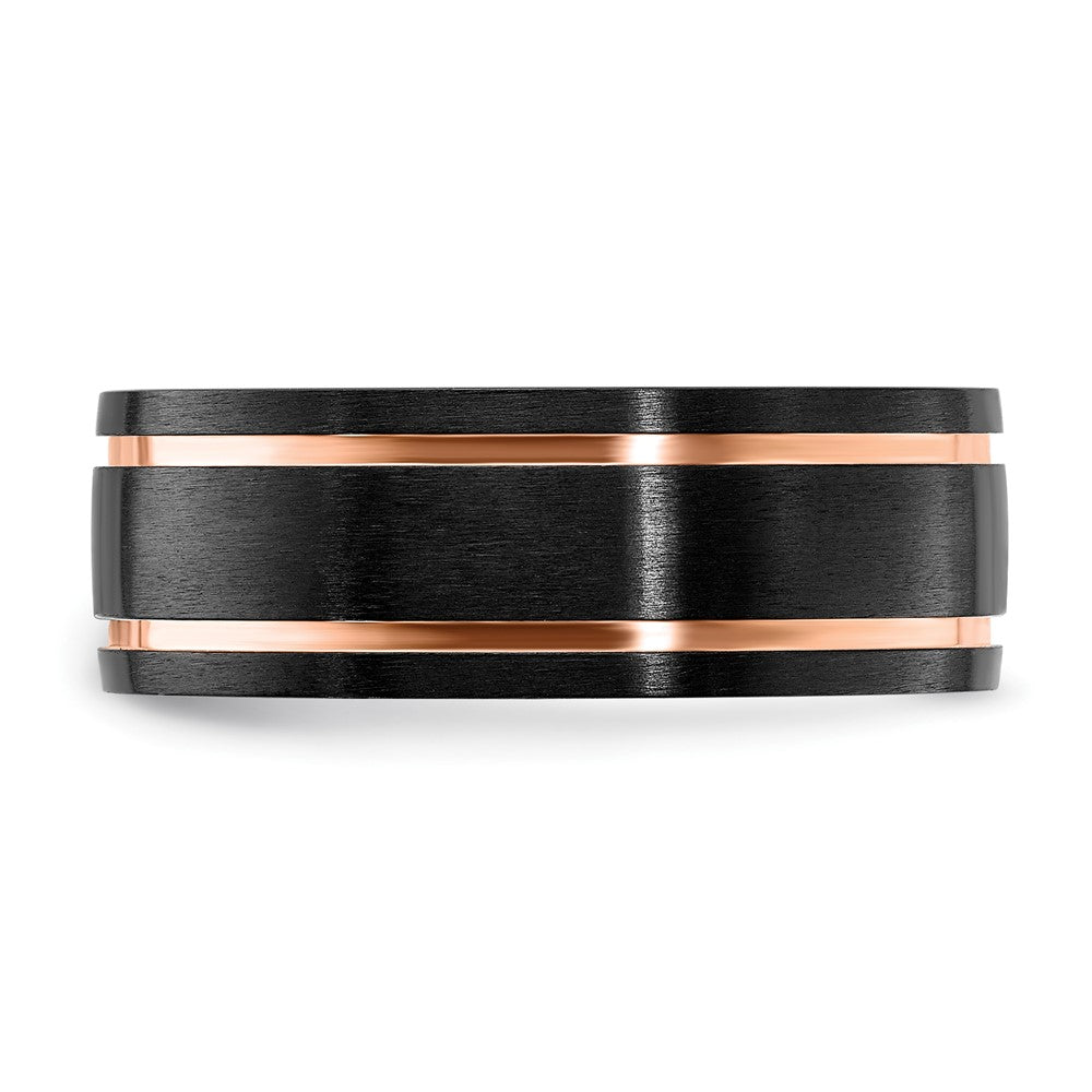 Alternate view of the 8mm Black Zirconium &amp; Rose Tone Plated Grooved Standard Fit Band by The Black Bow Jewelry Co.