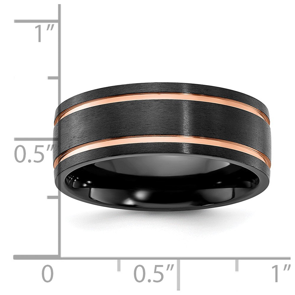 Alternate view of the 8mm Black Zirconium &amp; Rose Tone Plated Grooved Standard Fit Band by The Black Bow Jewelry Co.