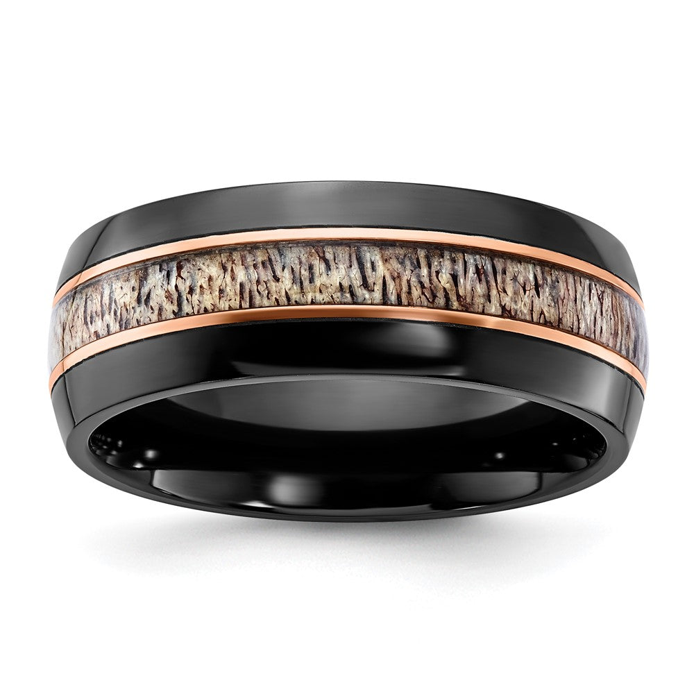8mm Black Zirconium, Rose Tone & Tan Antler Inlay Standard Fit Band, Item R11802 by The Black Bow Jewelry Co.