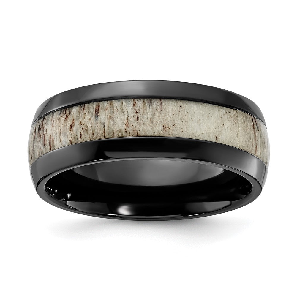 8mm Black Zirconium &amp; White Antler Inlay Standard Fit Band, Item R11803 by The Black Bow Jewelry Co.