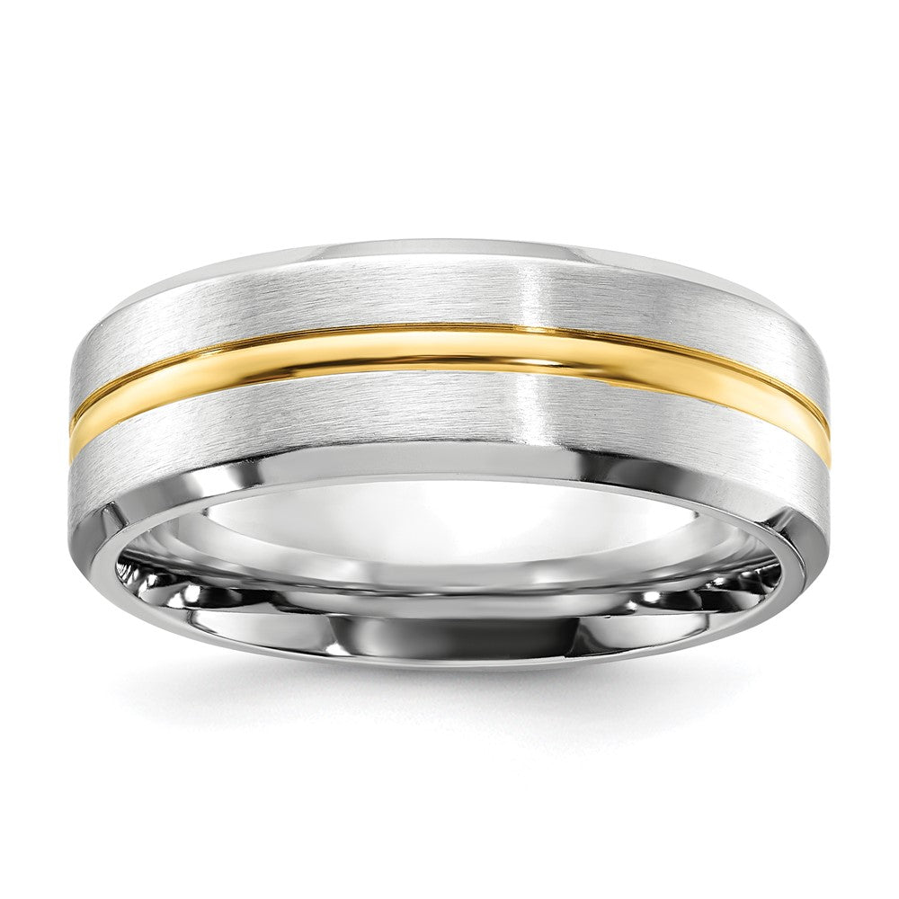 8mm Cobalt &amp; Gold Tone Plated Grooved &amp; Beveled Edge Band, Item R11821 by The Black Bow Jewelry Co.