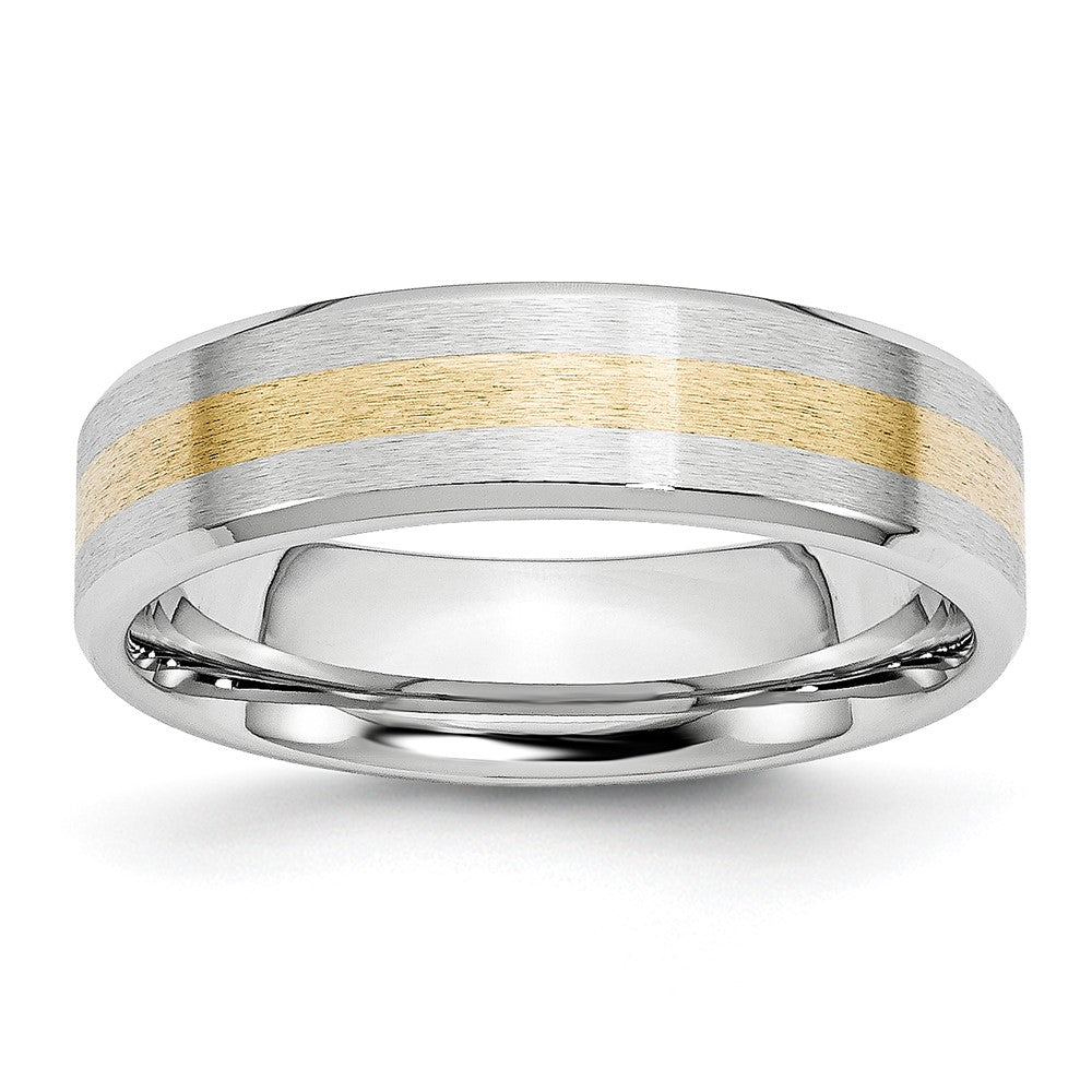 6mm Cobalt &amp; 14K Gold Inlay Satin Flat Beveled Edge Standard Fit Band, Item R11841 by The Black Bow Jewelry Co.