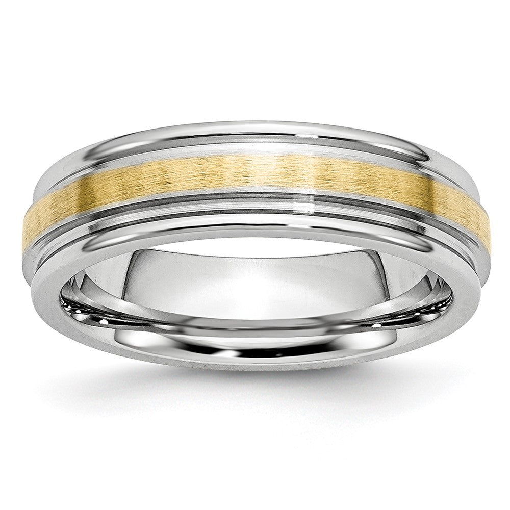 6mm Cobalt &amp; 14K Gold Inlay Satin &amp; Polished Grooved Ridged Band, Item R11842 by The Black Bow Jewelry Co.