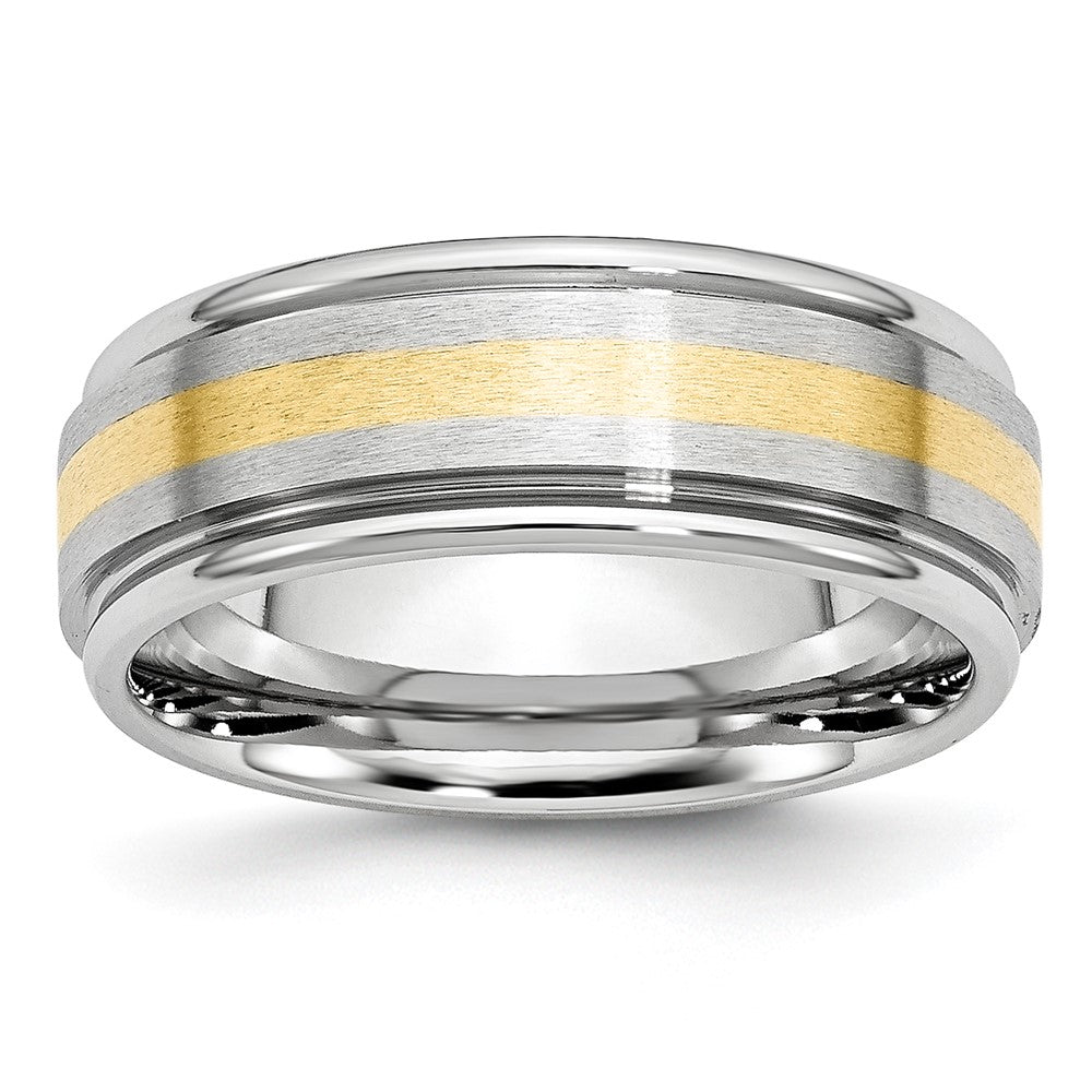8mm Cobalt & 14K Gold Inlay Satin & Polished Grooved Ridged Band, Item R11843 by The Black Bow Jewelry Co.