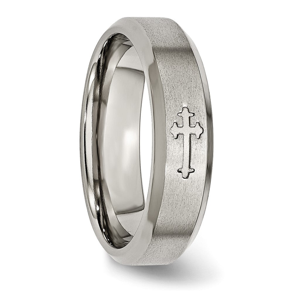 Alternate view of the 6mm Titanium Recessed Cross Beveled Edge Standard Fit Band by The Black Bow Jewelry Co.