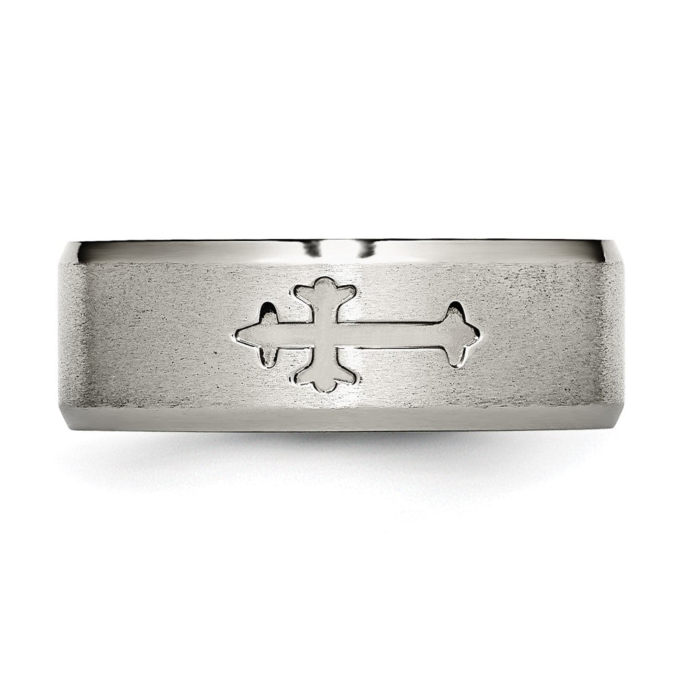 Alternate view of the 8mm Titanium Recessed Cross Beveled Edge Standard Fit Band by The Black Bow Jewelry Co.