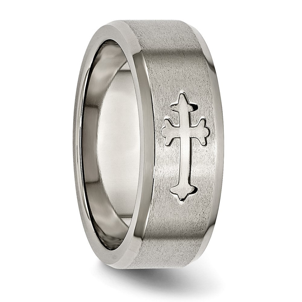 Alternate view of the 8mm Titanium Recessed Cross Beveled Edge Standard Fit Band by The Black Bow Jewelry Co.