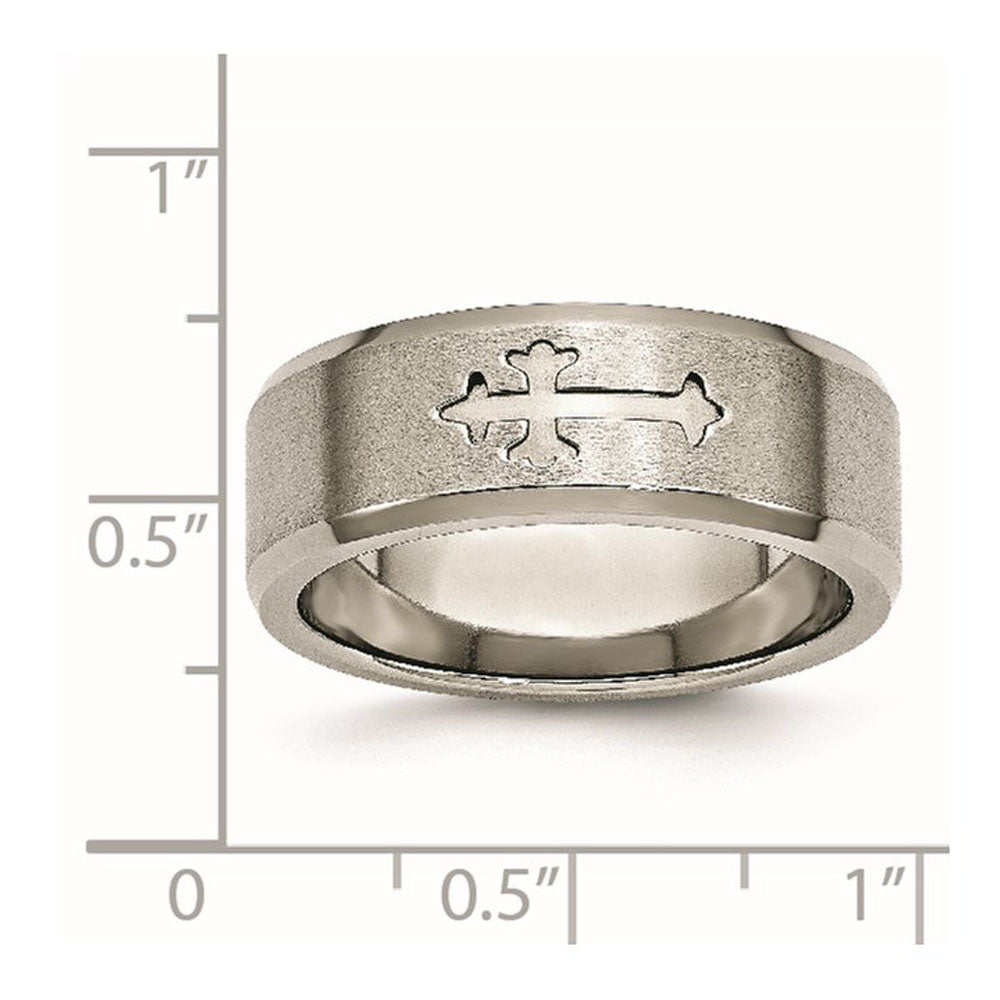 Alternate view of the 8mm Titanium Recessed Cross Beveled Edge Standard Fit Band by The Black Bow Jewelry Co.
