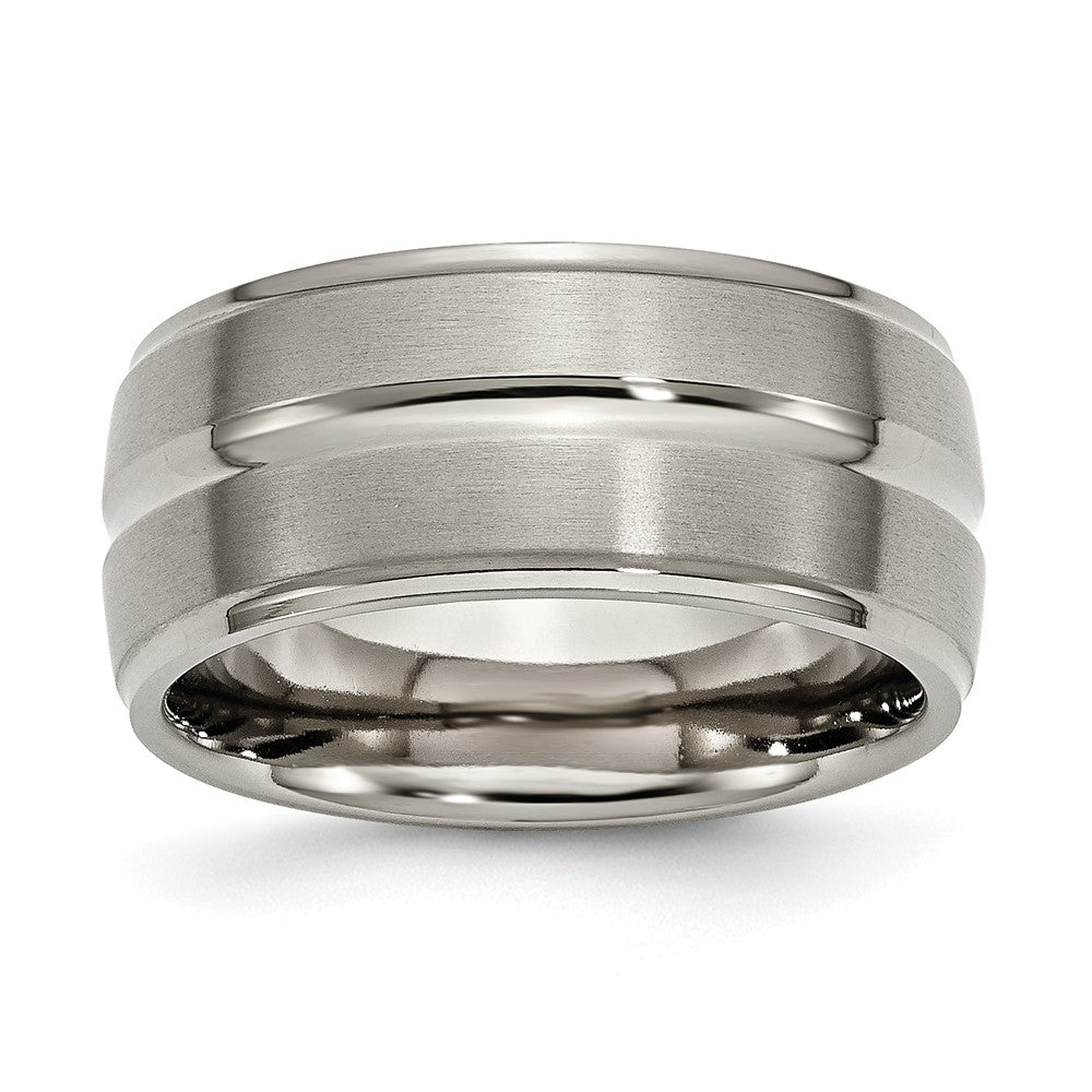 Men&#39;s Titanium 10mm Brushed Grooved Ridged Edge Standard Fit Band, Item R11857 by The Black Bow Jewelry Co.