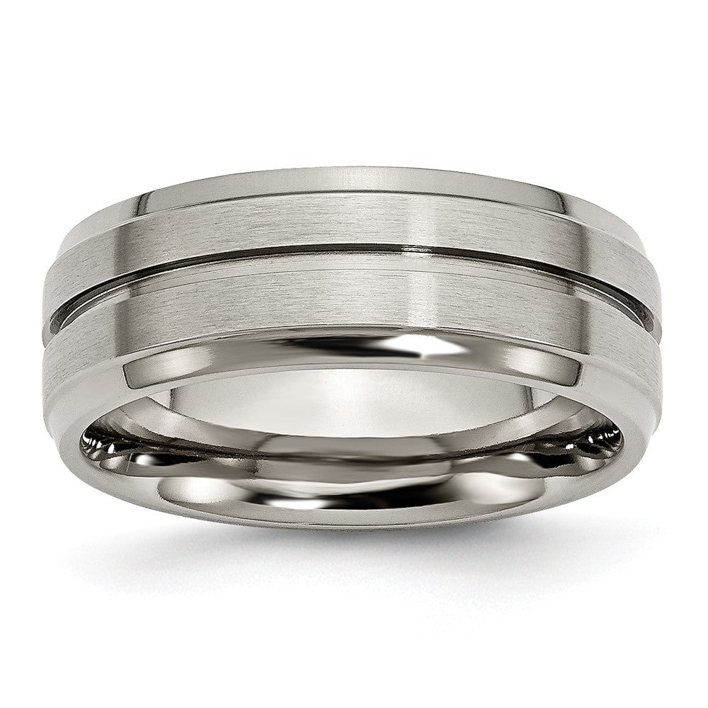 Men's Titanium 8mm Brushed Grooved Ridged Edge Standard Fit Band, Item R11858 by The Black Bow Jewelry Co.