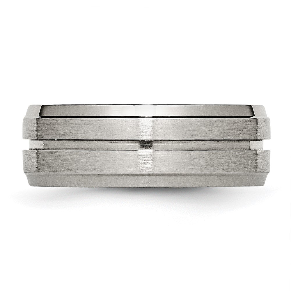 Alternate view of the Men's Titanium 8mm Brushed Grooved Ridged Edge Standard Fit Band by The Black Bow Jewelry Co.
