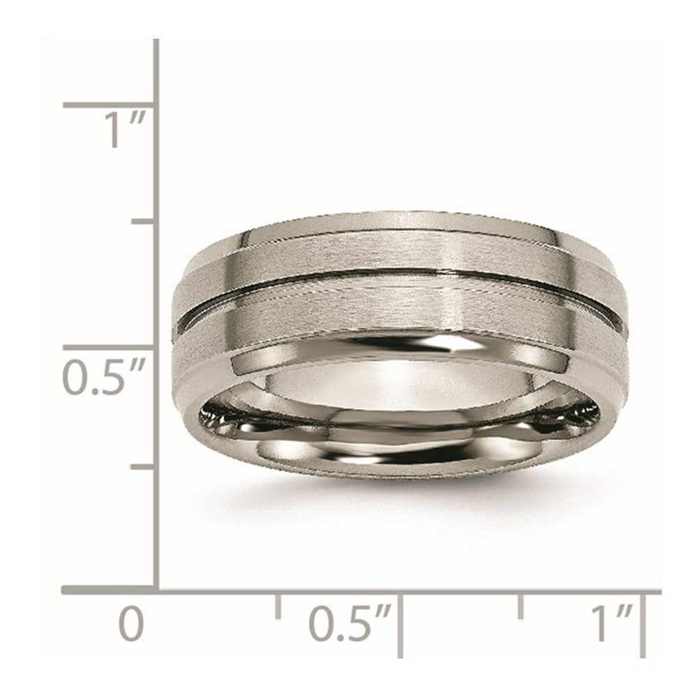 Alternate view of the Men's Titanium 8mm Brushed Grooved Ridged Edge Standard Fit Band by The Black Bow Jewelry Co.