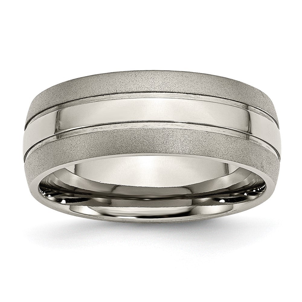 8mm Titanium Polished & Satin Grooved Standard Fit Band, Item R11871 by The Black Bow Jewelry Co.
