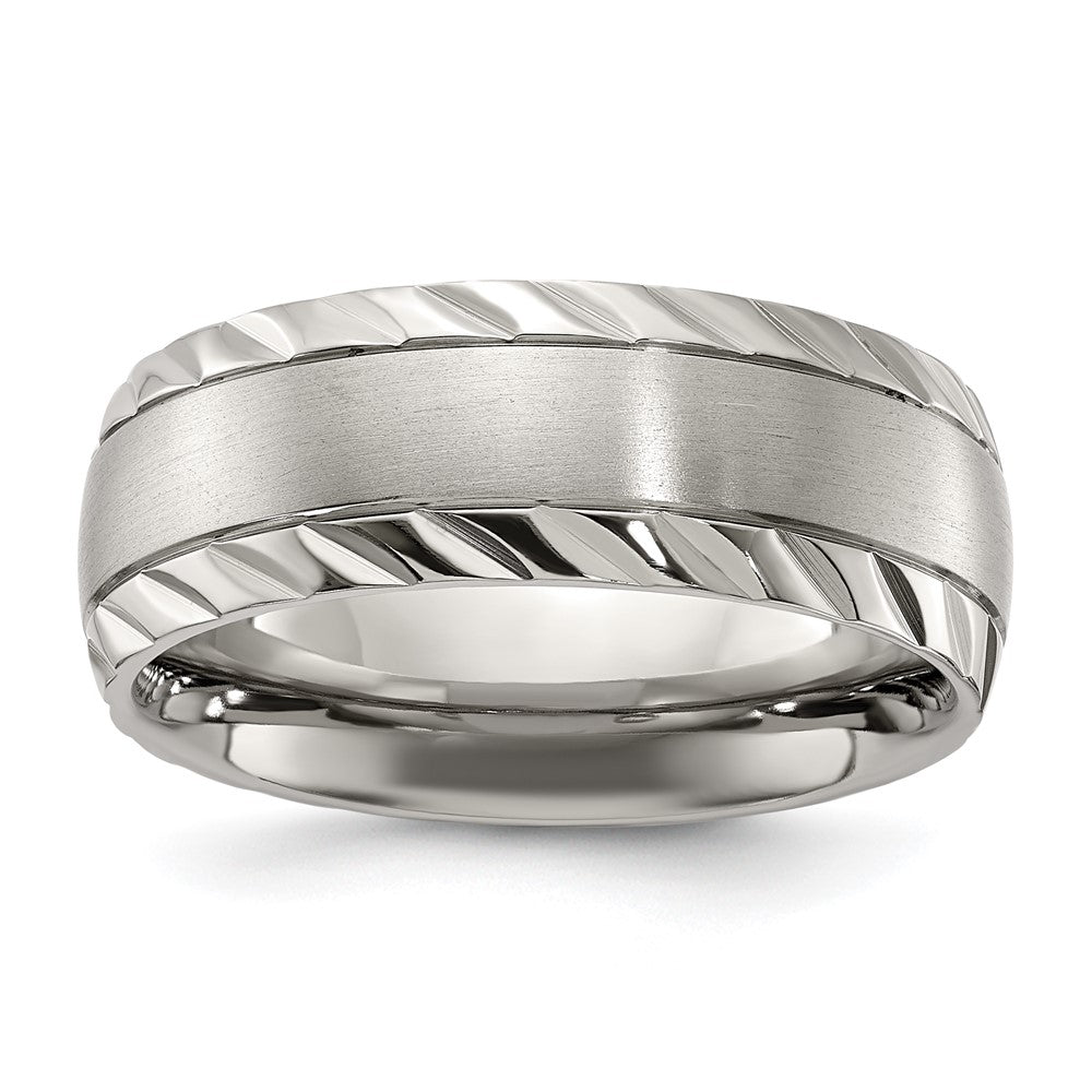 Men's 8mm Titanium Brushed & Grooved Edge Standard Fit Band, Item R11872 by The Black Bow Jewelry Co.