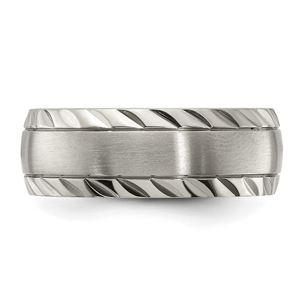 Alternate view of the Men's 8mm Titanium Brushed & Grooved Edge Standard Fit Band by The Black Bow Jewelry Co.