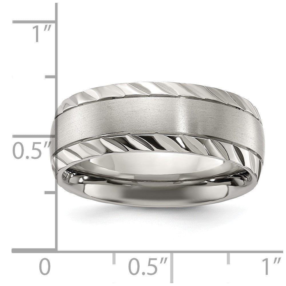 Alternate view of the Men's 8mm Titanium Brushed & Grooved Edge Standard Fit Band by The Black Bow Jewelry Co.
