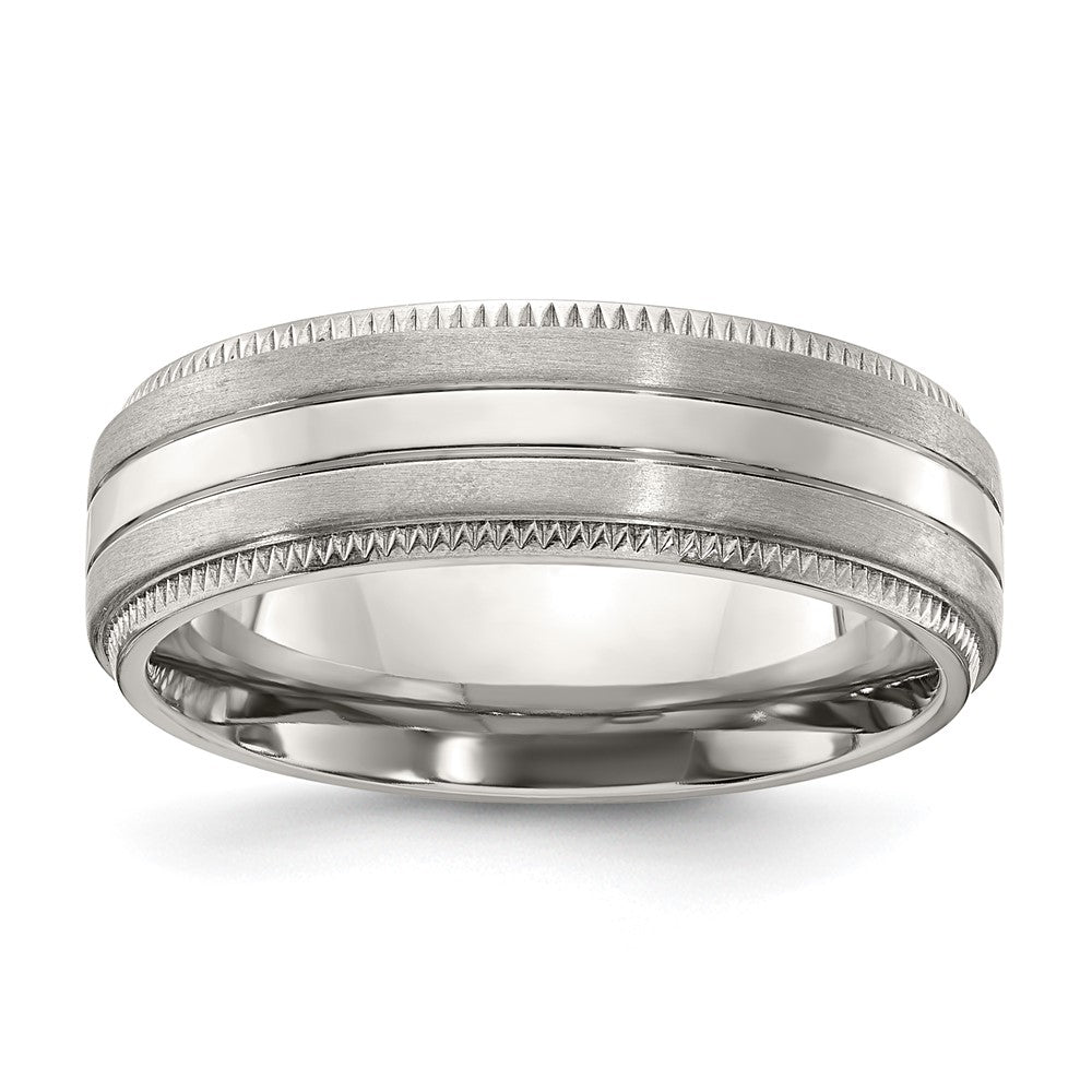7mm Titanium Brushed & Textured Ridge Edge Standard Fit Band, Item R11879 by The Black Bow Jewelry Co.