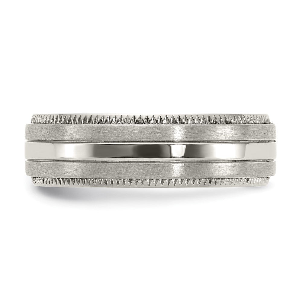 Alternate view of the 7mm Titanium Brushed & Textured Ridge Edge Standard Fit Band by The Black Bow Jewelry Co.