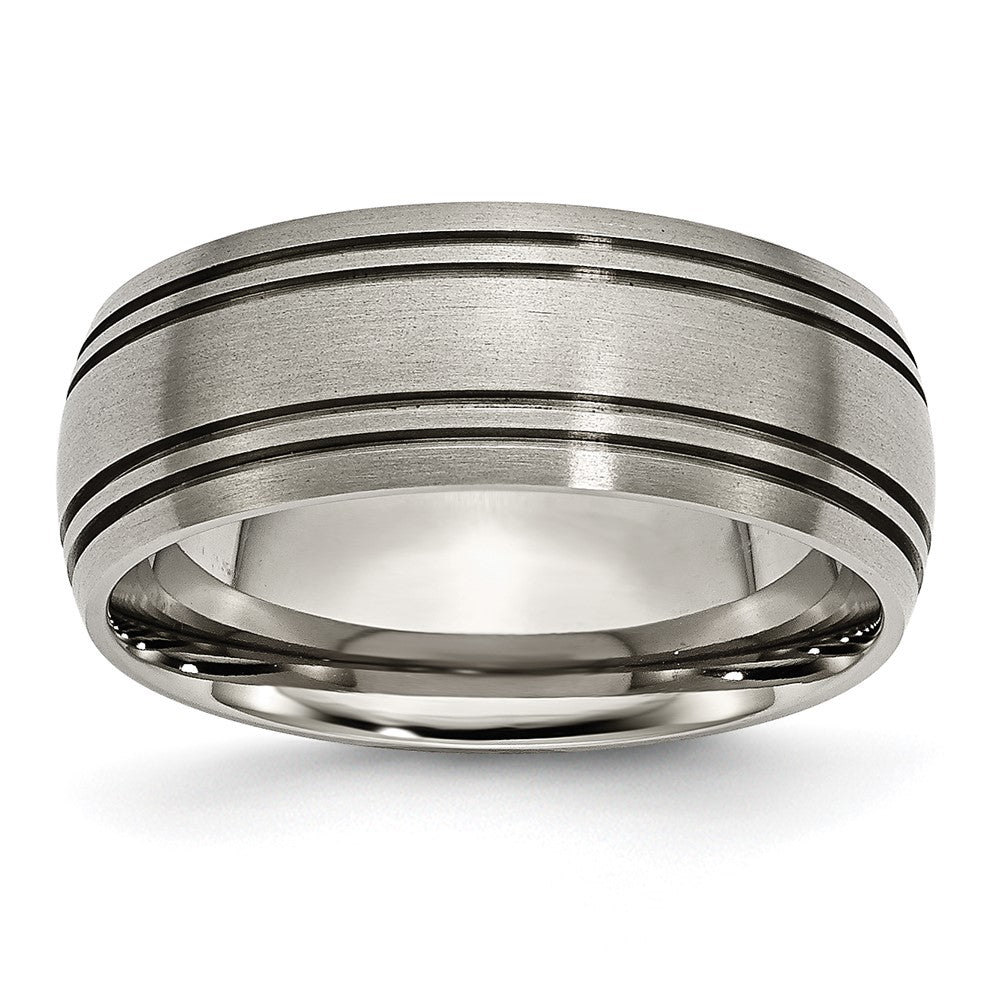 Men's 8mm Titanium Brushed Domed & Grooved Standard Fit Band, Item R11881 by The Black Bow Jewelry Co.