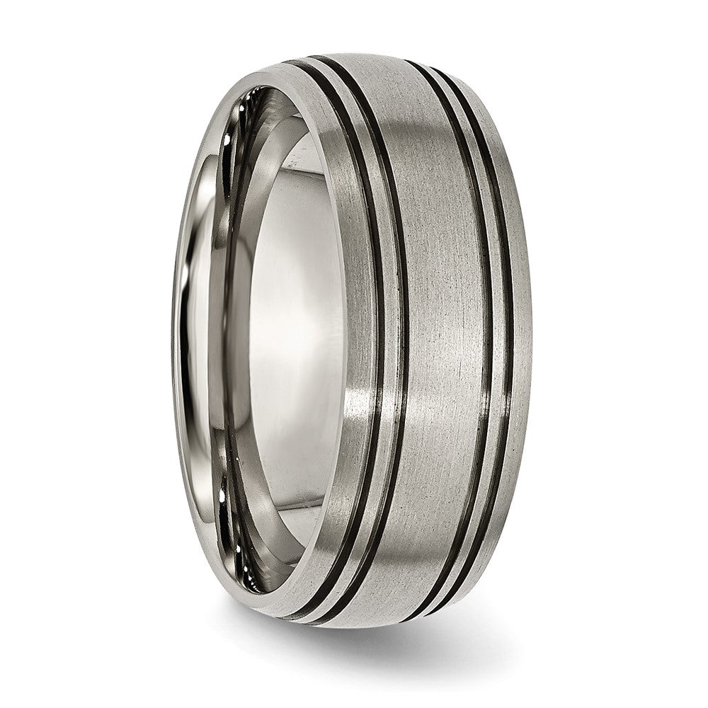 Alternate view of the Men's 8mm Titanium Brushed Domed & Grooved Standard Fit Band by The Black Bow Jewelry Co.