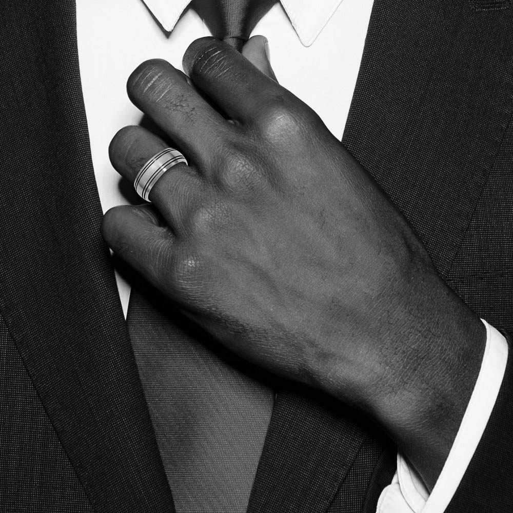 Alternate view of the Men's 8mm Titanium Brushed Domed & Grooved Standard Fit Band by The Black Bow Jewelry Co.