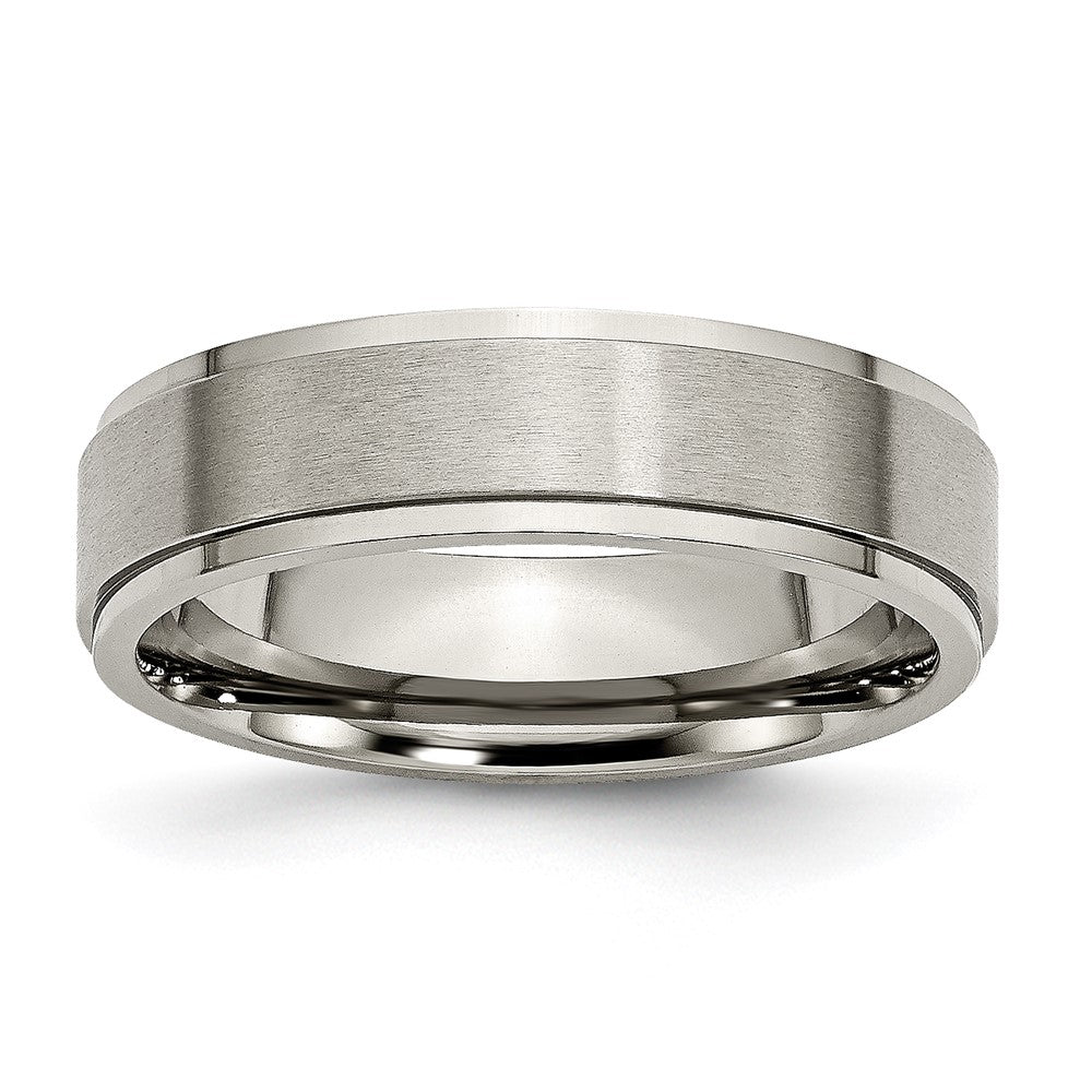 6mm Titanium Lightly Brushed Flat Ridge Edge Standard Fit Band, Item R11884 by The Black Bow Jewelry Co.