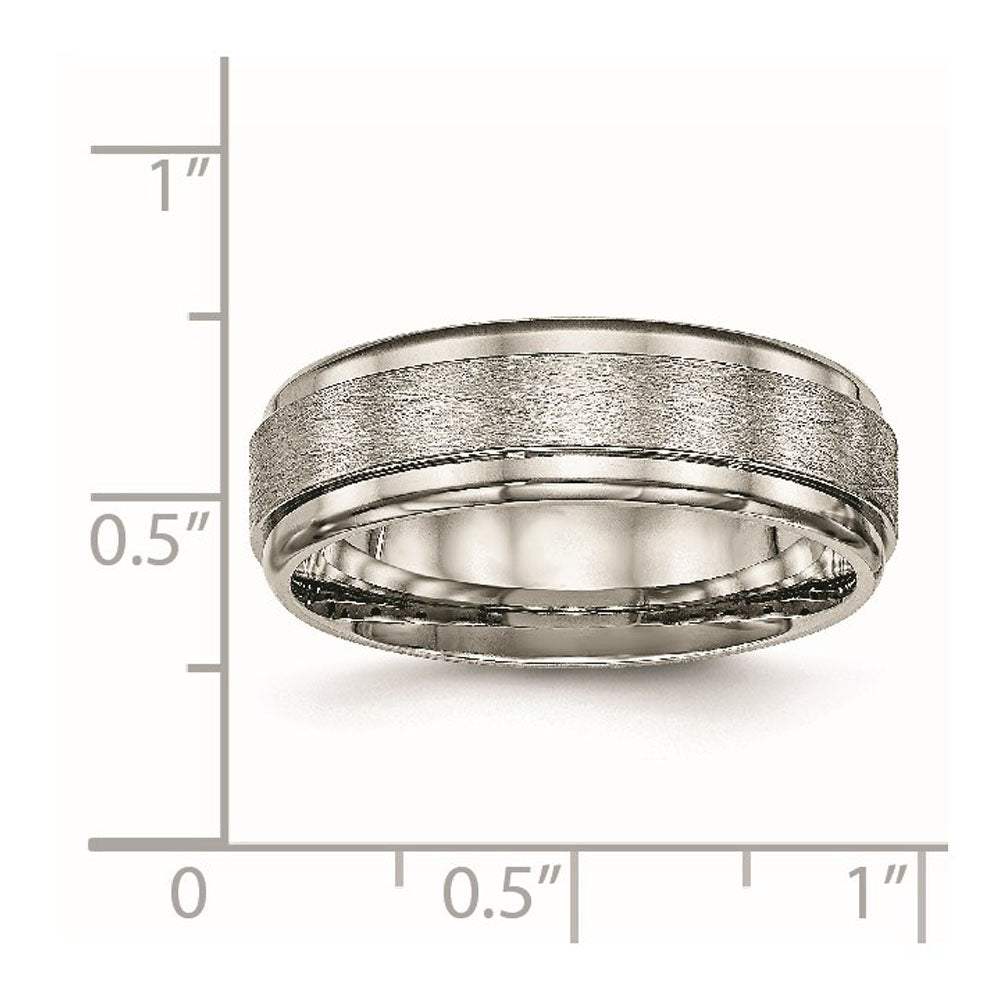Alternate view of the 7mm Titanium Brushed Flat Ridged Edge Comfort Fit Band by The Black Bow Jewelry Co.