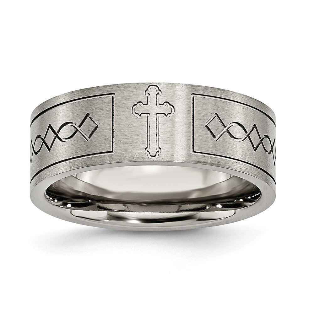 8mm Titanium Brushed Cross Design Flat Standard Fit Band, Item R11890 by The Black Bow Jewelry Co.